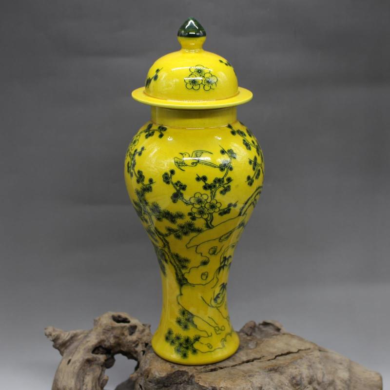清乾隆年制墨彩松竹梅紋黃釉將軍罐 仿古工藝瓷器古玩擺件收藏1入