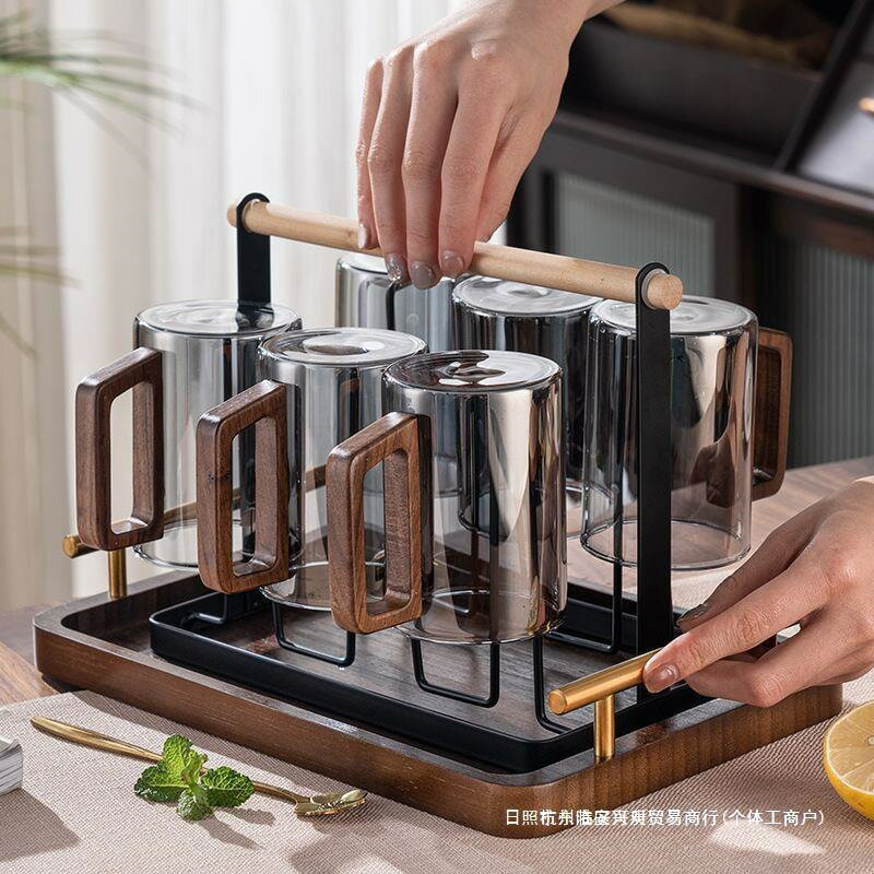 中式玻璃水杯家用帶木質把手客廳高顏值耐熱杯子輕奢套裝搬家