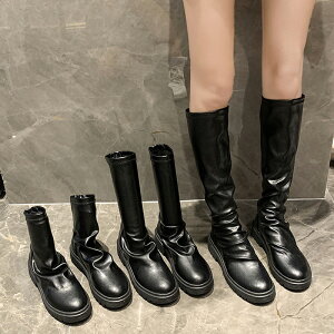 馬丁靴2021年新款女韓版粗跟中跟瘦瘦靴高筒靴彈力長靴顯瘦馬丁靴