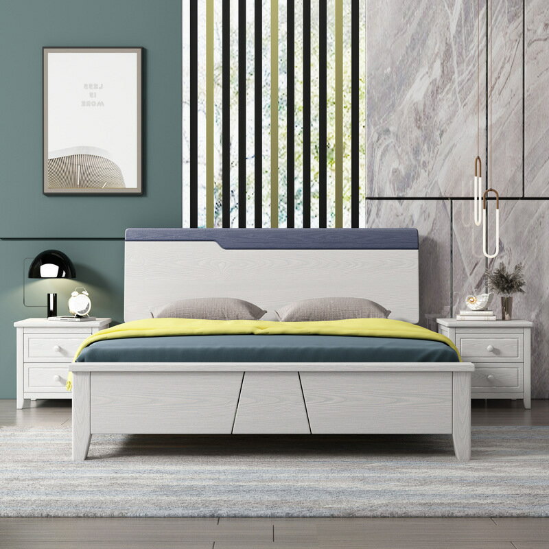 優樂悅~壓紋時尚輕奢橡木實木1.8米1.5米白色簡約雙人床主臥婚床帶高箱
