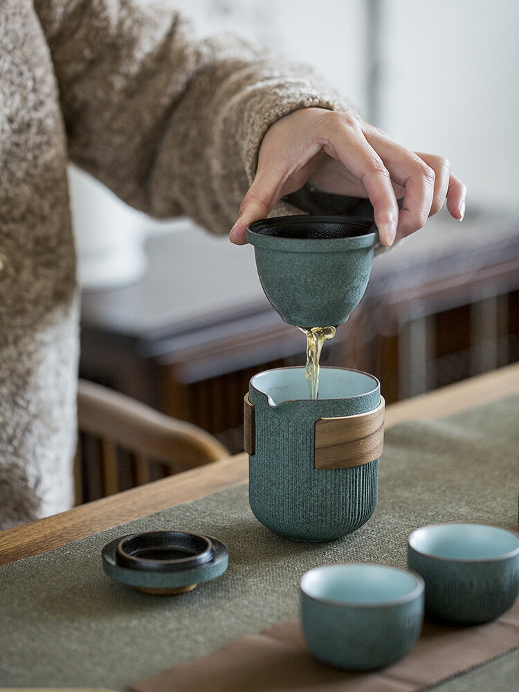 快客杯 致茗|青石釉條紋快客杯一壺二杯四杯陶瓷便攜式旅行茶具套裝戶外 【CM1694】