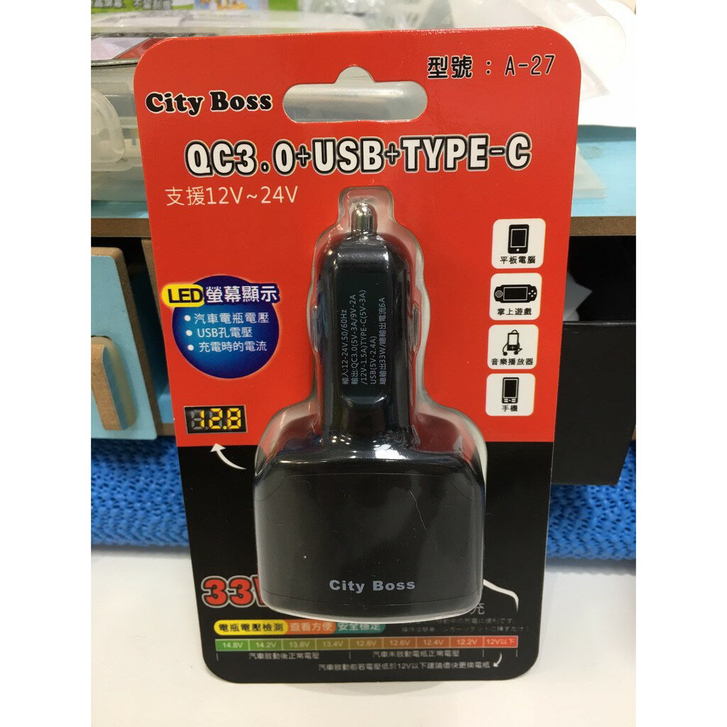 【City Boss】TYPE C 輸出 2.4A QC3.0 LED顯示表＋雙USB充電孔USB車充 車用充電A-27
