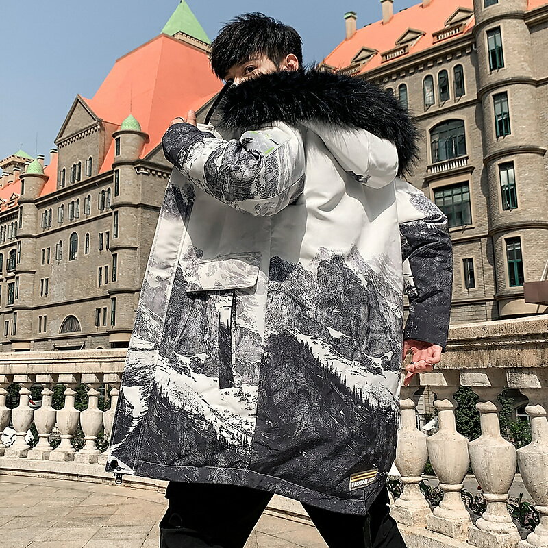冬季中長款棉衣男士潑墨設計感國潮羽絨棉服2021新款潮牌潮牌棉襖