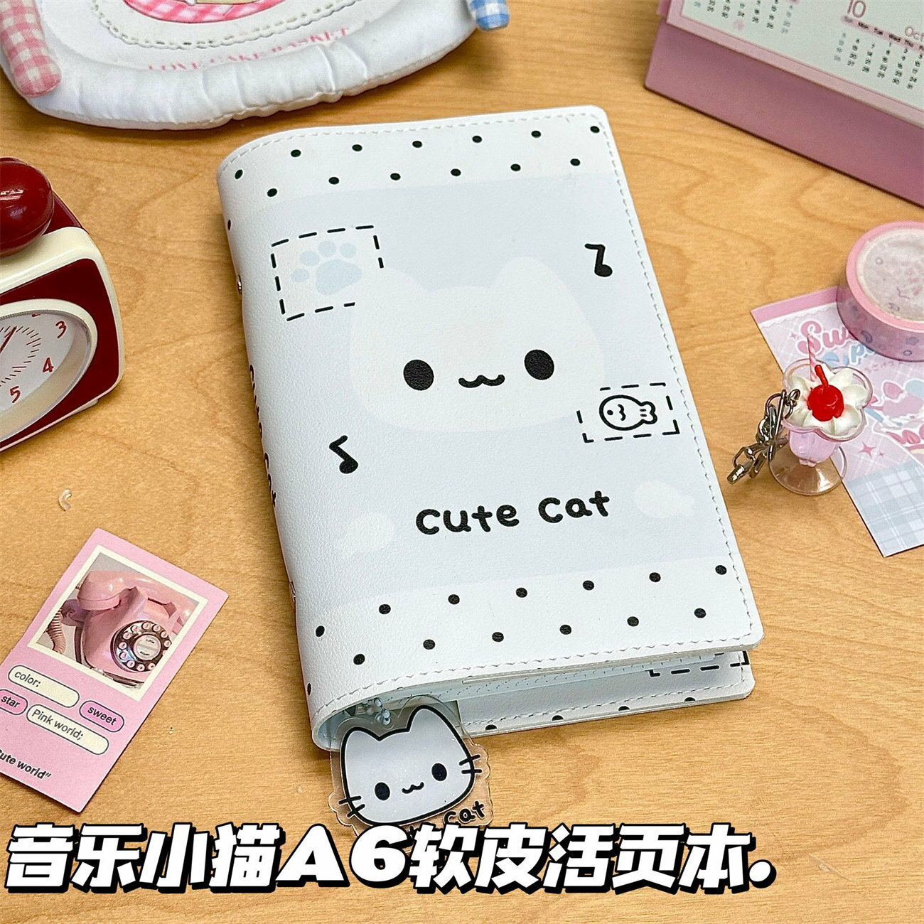 ins可愛原創波點音樂小貓A6軟皮筆電學生高顏值可拆卸記事本子