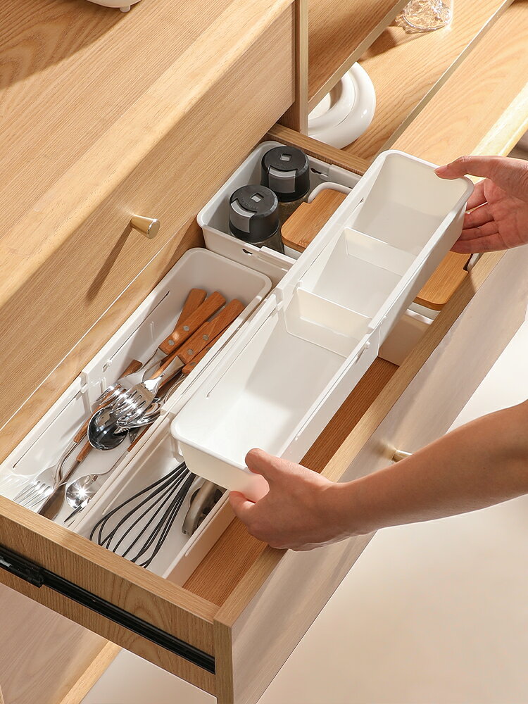 可伸縮盒廚房抽屜收納盒內置筷子分隔餐具化妝品整理櫥柜分格儲物