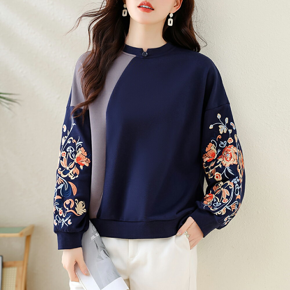 ＊ORead＊民族風百搭刺繡圓領衛衣上衣(藍色M~4XL)