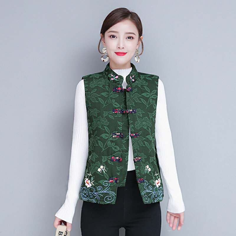 冬季新款復古中國風女裝刺繡立領盤扣加厚棉服馬夾短外套夾層1入