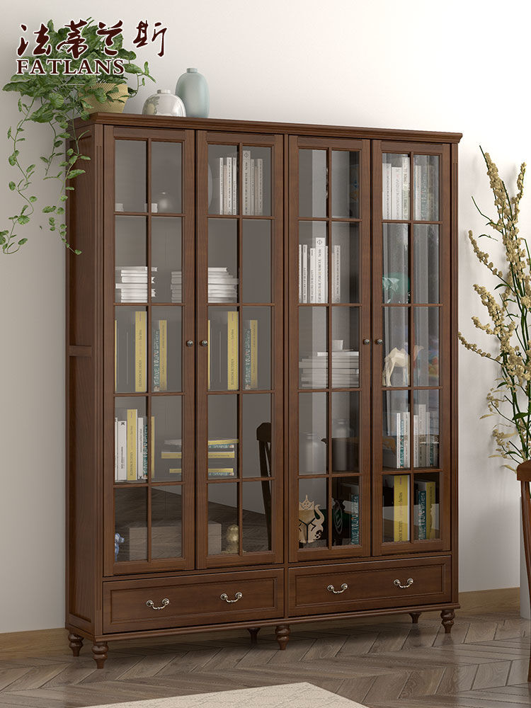 純實木定制美式輕奢胡桃色四門帶門玻璃書柜書櫥書房客廳自由組合