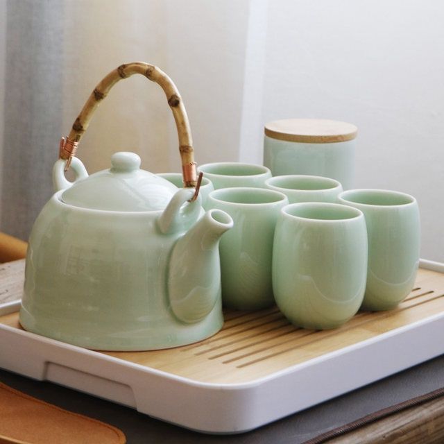 青瓷茶具套裝家用泡茶壺茶杯景德鎮陶瓷簡約日式一整套大號提樑壺284LPS 快速寄出