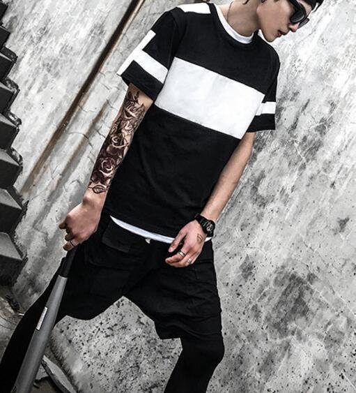 FINDSENSE品牌 時尚潮流 型男 酷 黑白拼接 側拉鏈 短袖T恤 特色短T