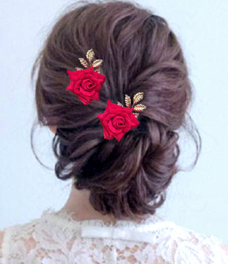 新娘中式頭飾紅色絨布玫瑰花朵發簪發叉婚禮發飾敬酒禮服配飾品女1入