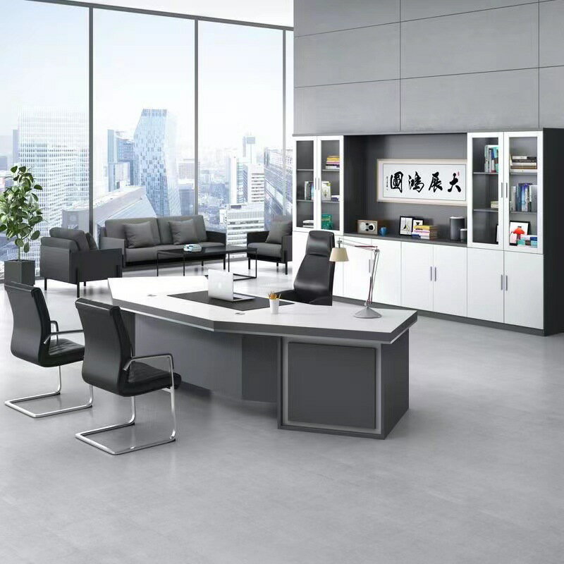 APP下單享點數9% 簡約現代時尚新款弧形辦公老板桌椅組合板式大班臺主管經理桌家具