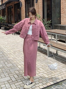 粉色牛仔套裝女春秋高級感寬松氣質復古減齡半身裙兩件套
