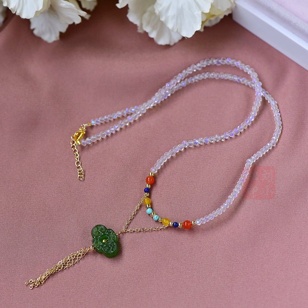 天然和田碧玉 奧地利水晶項鏈個性氣質配飾頸鏈 日韓時尚 鎖骨鏈
