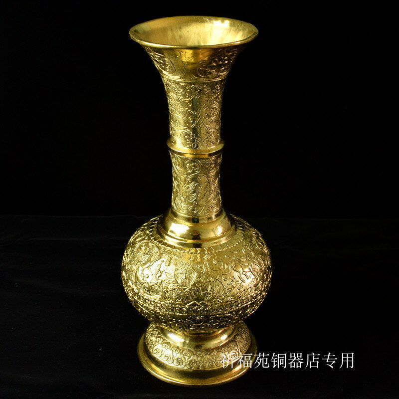 純銅大花瓶黃銅高花瓶金黃色獸紋富貴吉祥客廳擺件銅工藝品辦公室