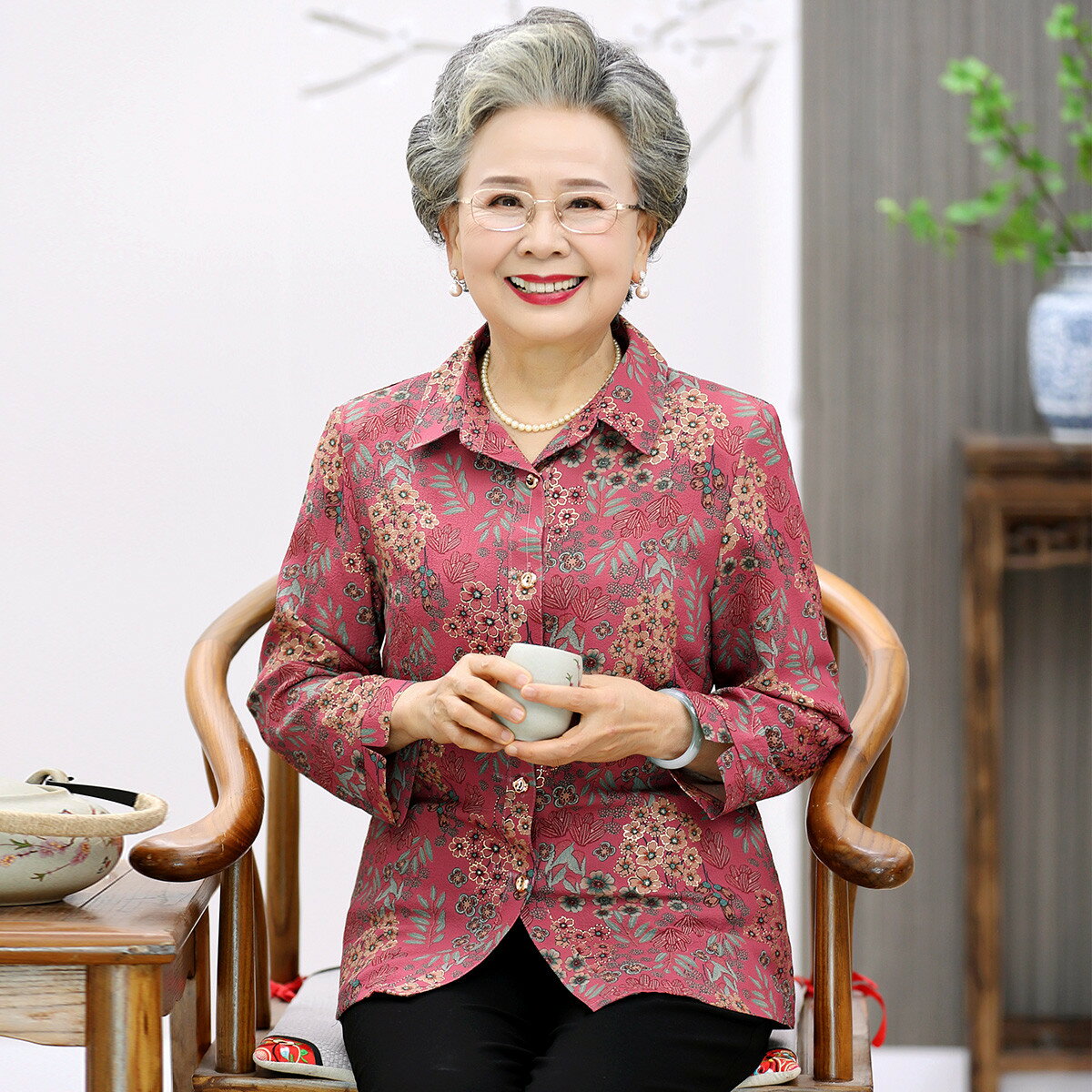 【中秋禮物】24早秋奶奶裝中老年女裝襯衫上衣媽媽裝長袖襯衣女-時尚精品