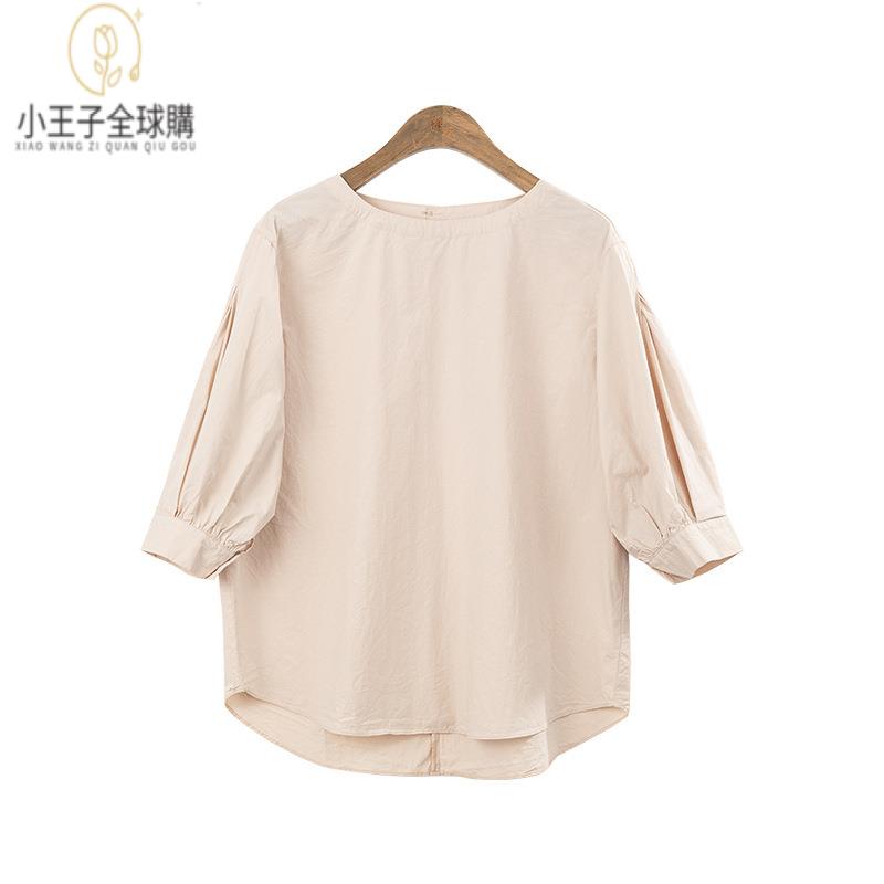 【公司現貨速發】免運 開發票 小王子女裝夏新款純棉七分袖水洗皺感小衫寬松百搭設計感套頭短袖上衣女裝上衣 流行女裝 棉麻 早秋 日韓女裝