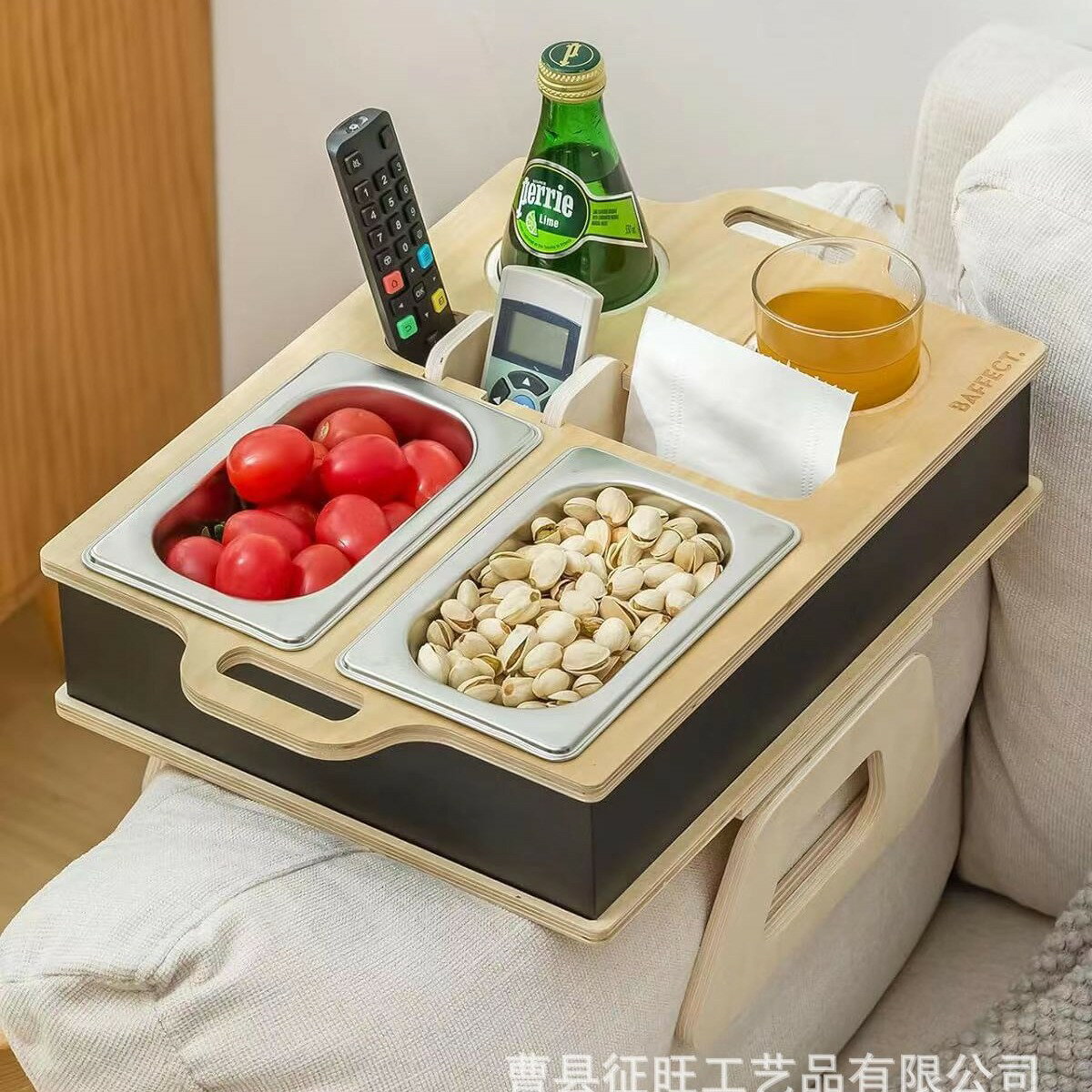 實木沙發扶手收納盒創意木質零食啤酒收納盒可折疊夾式扶手托盤