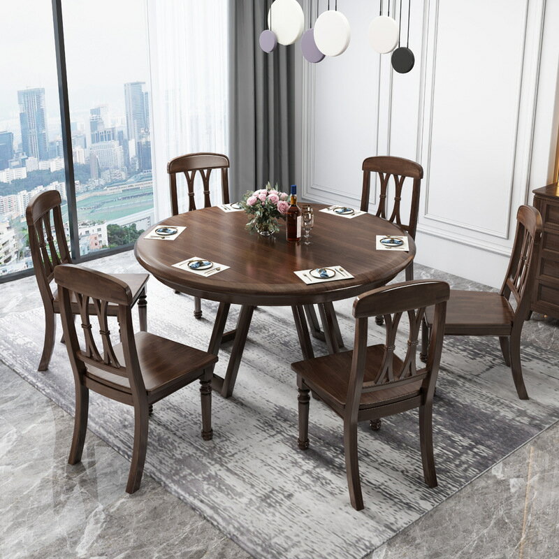 餐桌 美式極簡復古餐廳伸縮餐桌椅組合實木大圓桌10人西餐桌長方形飯桌