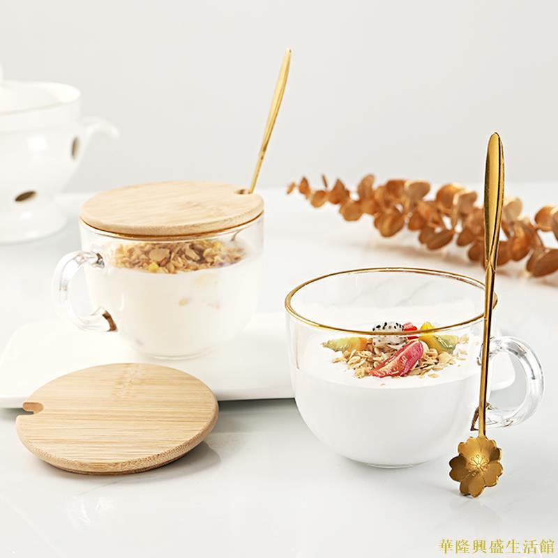 早餐杯子大容量玻璃杯燕麥片家用女牛奶杯帶蓋勺碗水杯帶把咖啡杯