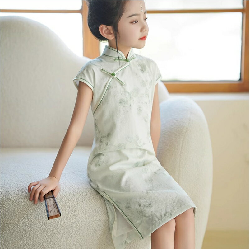 女童旗袍夏季薄款清新中國風連衣裙小女孩走秀古箏演出服日常【步行者戶外生活館】