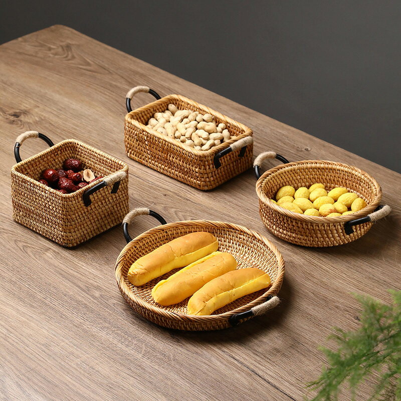 越南手工藤編水果籃干果盤日式桌面收納筐茶點盤竹編糖果盒點心筐
