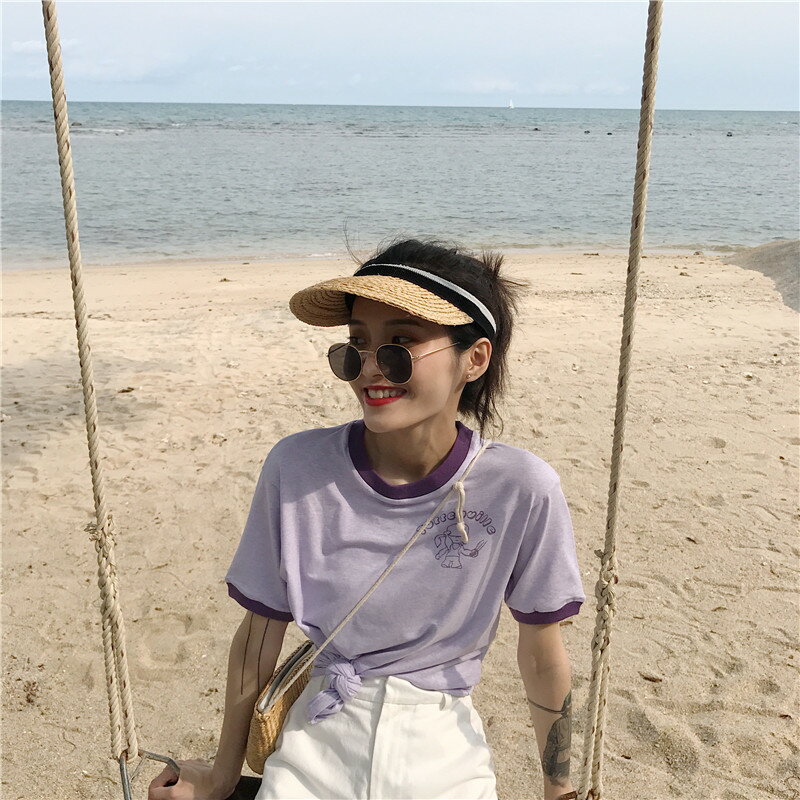 夏季新款韓國chic短袖拼色短款顯瘦純棉紫色T恤女學生半袖上1入