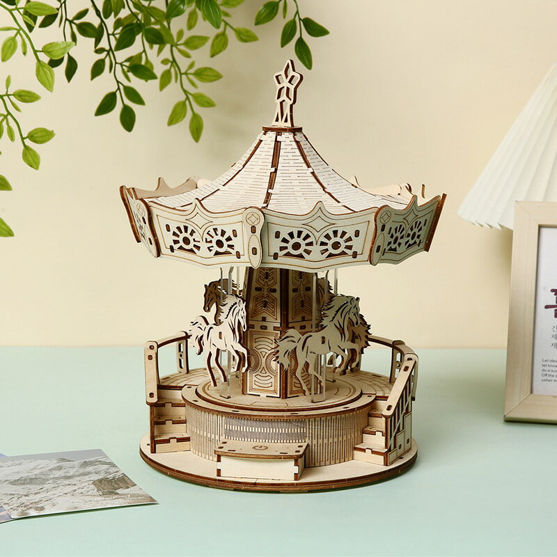 音樂旋轉木馬3d音樂盒兒童拼圖玩具DIY木質拼圖玩具桌面立體模型