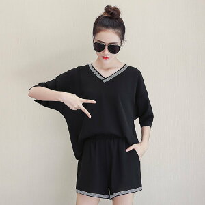 FINDSENSE G5 韓國時尚 夏季 新款 大尺碼 寬鬆 休閒 兩件套 黑色 短褲 T恤 套裝