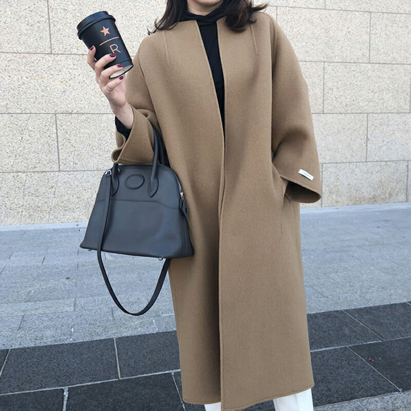韓國chic極簡主義 秋冬氣質雙口袋長袖中長款開衫毛呢外套大衣女