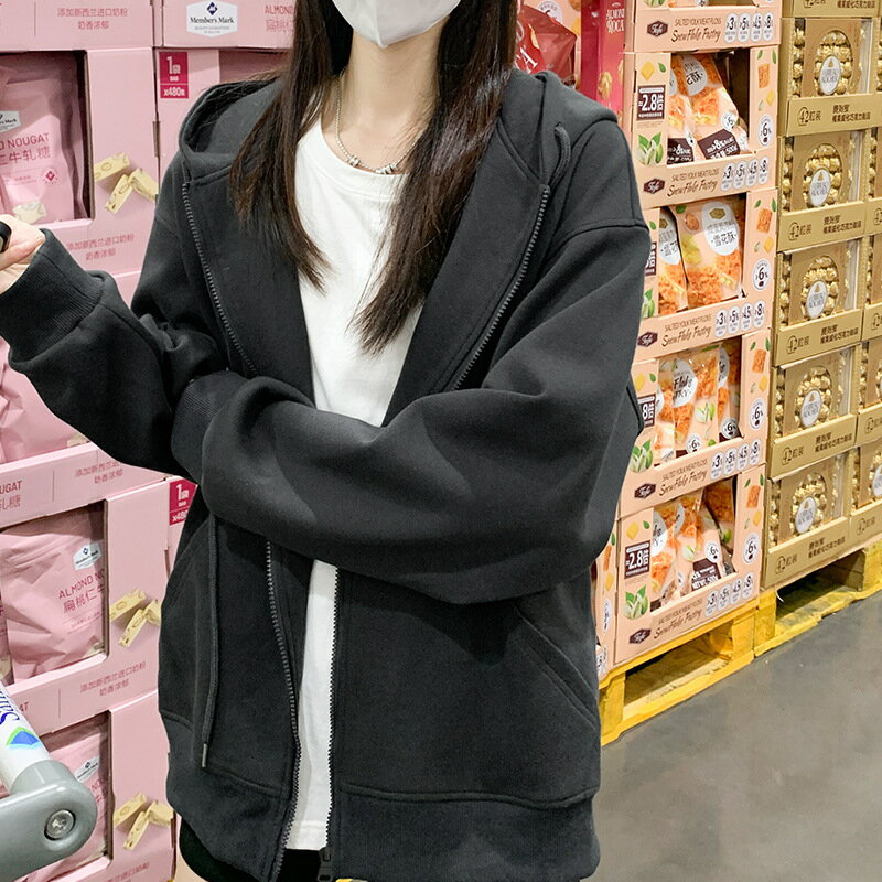 外套 女裝 休閒外套 時尚外套 衛衣女美式連帽加絨休閒運動外套秋季百搭寬鬆長袖小個子開衫上衣 7