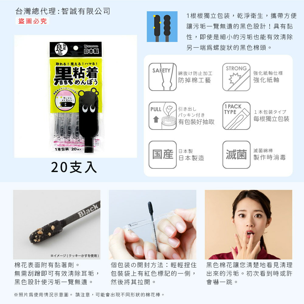 日本原裝 SANYO 山洋 黑粘著棉花棒20支入(袋裝) 2