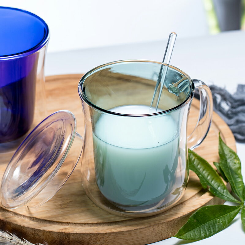手工彩色玻璃咖啡杯 家用耐熱水杯微波爐牛奶杯女士花茶杯雙層杯