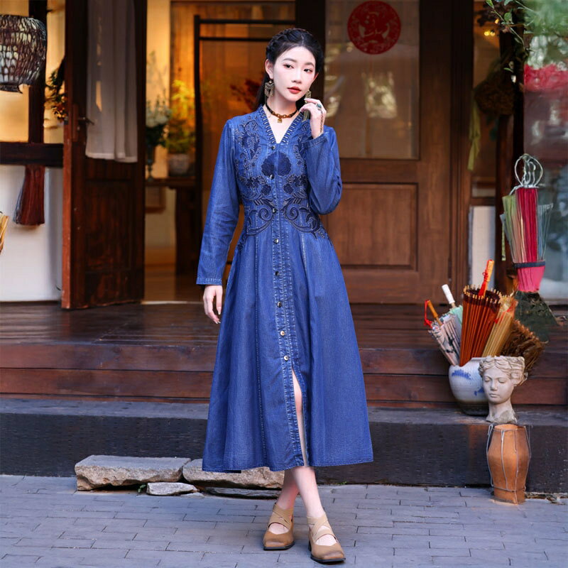 現貨+預購 新中式連身裙長袖洋裝牛仔長裙大尺碼A字裙休閒大碼女裝(復古重工刺繡女裙子74ku74)【獨家進口】【米蘭精品】