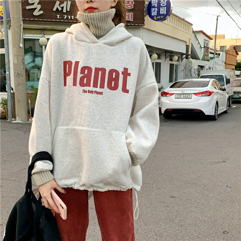 秋裝寬松毛線拼接連帽加厚衛衣復古百搭字母印花長袖上衣女潮1入