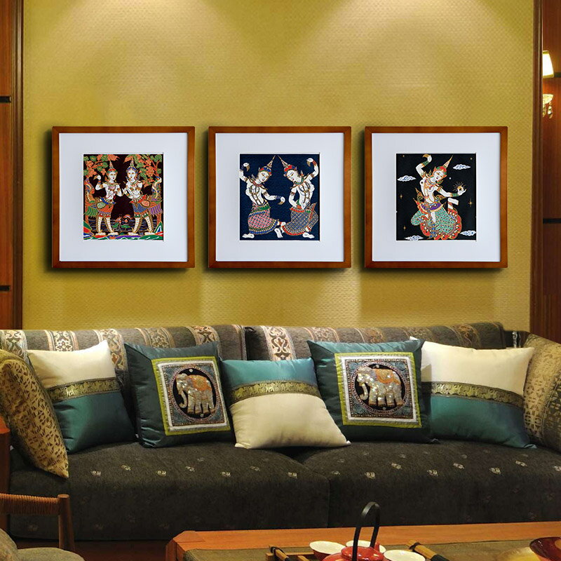東南亞風格實木框壁畫酒吧美容院過道掛畫客廳沙發背景墻裝飾畫
