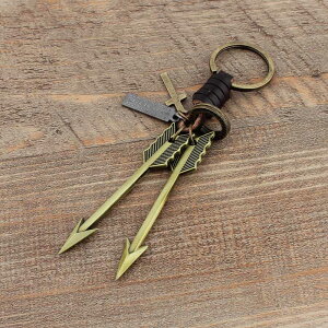 雙箭頭鑰匙扣時尚青銅雙弓箭掛件簡約真皮復古純手工編制鑰匙扣