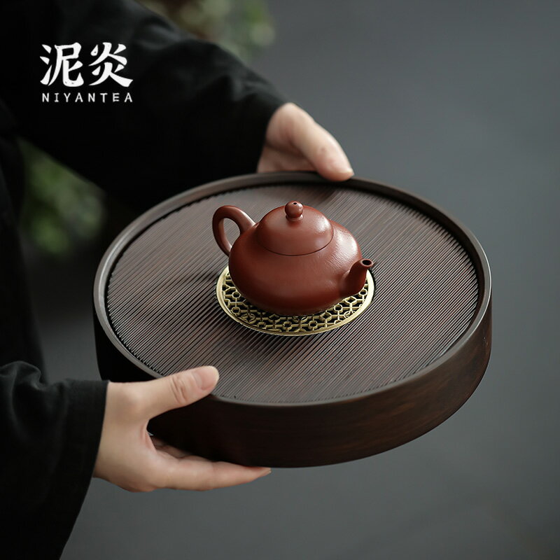 茶盤家用竹制拉絲小型茶臺簡約儲水茶海干泡盤瀝水托盤圓形加厚版