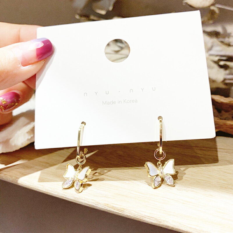 女超仙925銀針貝母蝴蝶耳環氣質百搭鋯石耳圈
