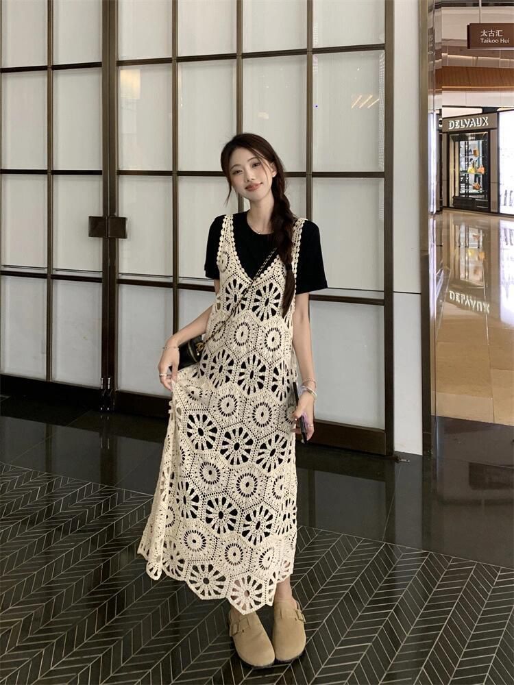 【7453人收藏】復古鏤空蕾絲吊帶T恤套裝連衣裙背心裙度假長裙夏季吊帶裙兩件套—貼心服飾