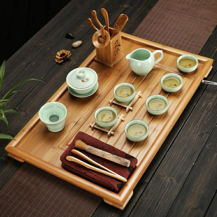 茶盤茶台 竹製實木簡約茶海功夫茶具套裝茶託盤家用平板排水大小號jy