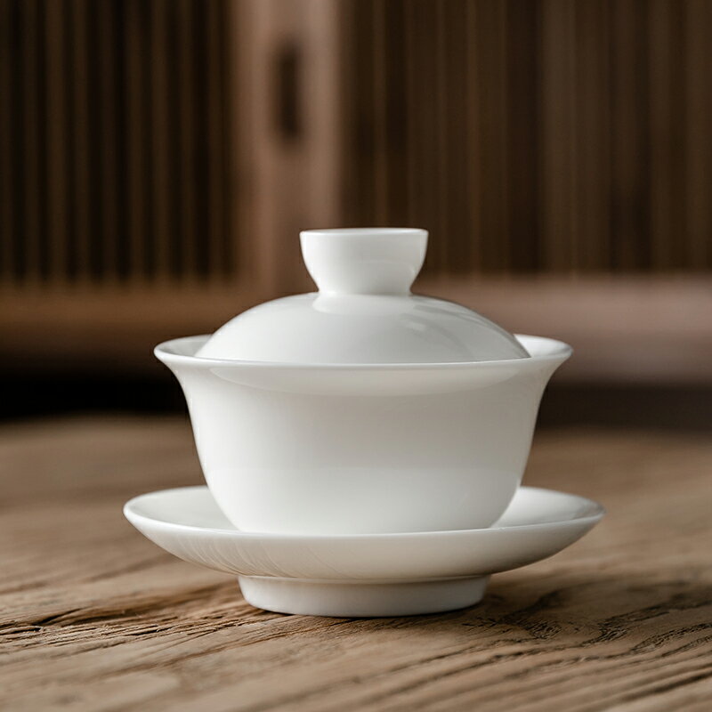 德化白瓷三才蓋碗家用簡約羊脂玉茶碗手工單個大號泡茶敬茶碗