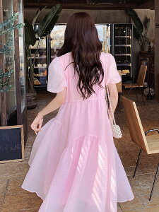 夏季復古浪漫粉色肌理感連身裙女甜美氣質超仙在逃公主裙子洋裝女