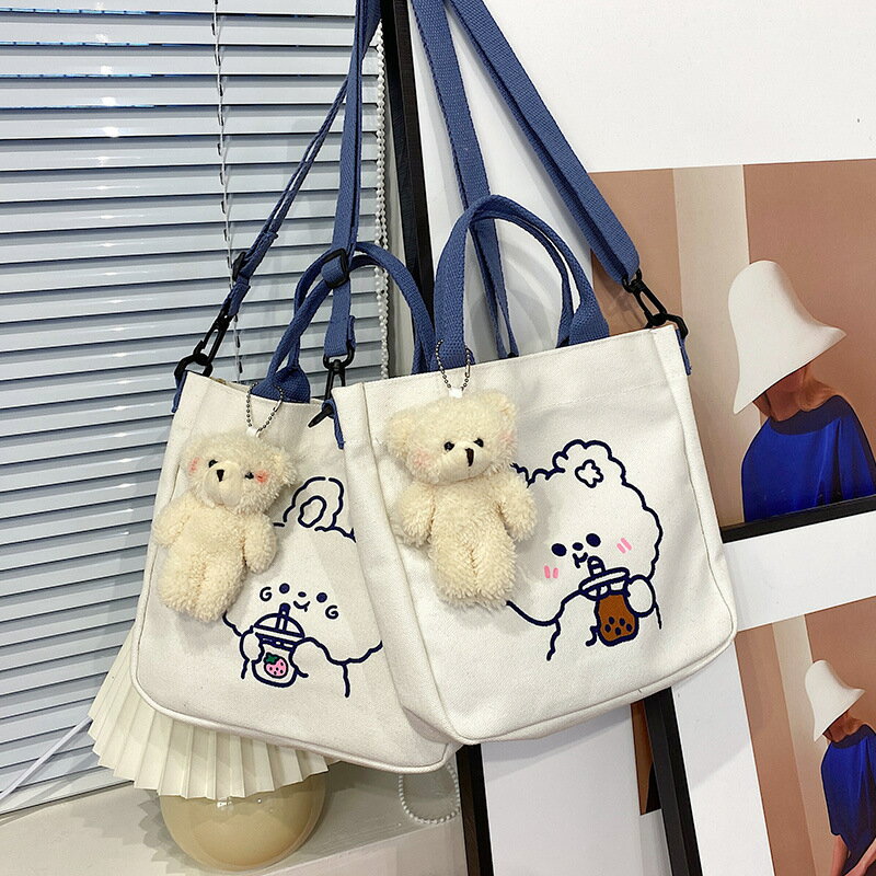 新款帆布包女日系卡通可愛單肩包學生休閑斜挎補習包大容量手提包