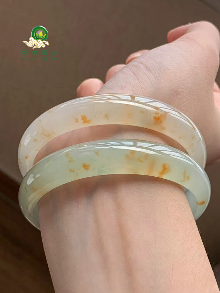 【現貨】華林緬甸a級正品桂花糕翡翠手鐲灑金正圈冰種天然黃翡手鐲雞油黃【北歐家居生活】