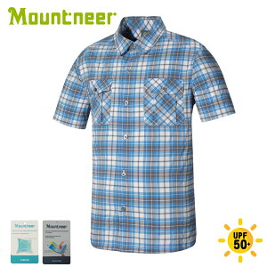 【Mountneer 山林 男 彈性抗UV格子襯衫《藍》】31B01/短袖襯衫/防曬襯衫