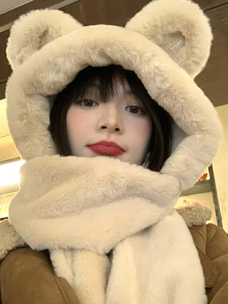 小熊帽子圍巾一體女冬保暖可愛毛絨護耳騎車三件套手套圍脖冬季【淘夢屋】