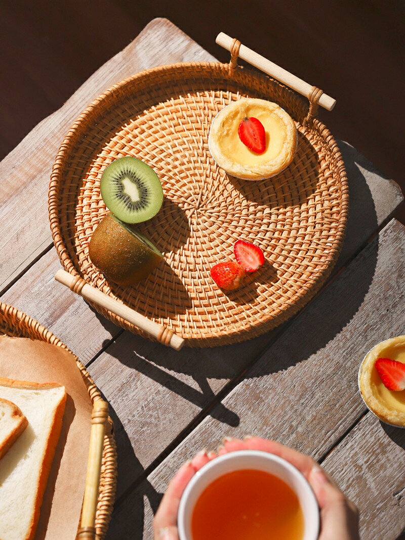 早餐籃越南手工藤編織水果盤果籃面包籃家用點心托盤日式竹編籃子