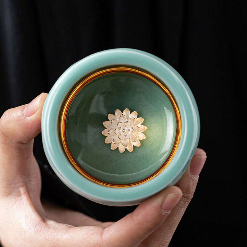 青瓷茶杯主人杯茶盞鑲嵌銀飾蓮花風水缸杯陶瓷茶具家用小茶碗德化