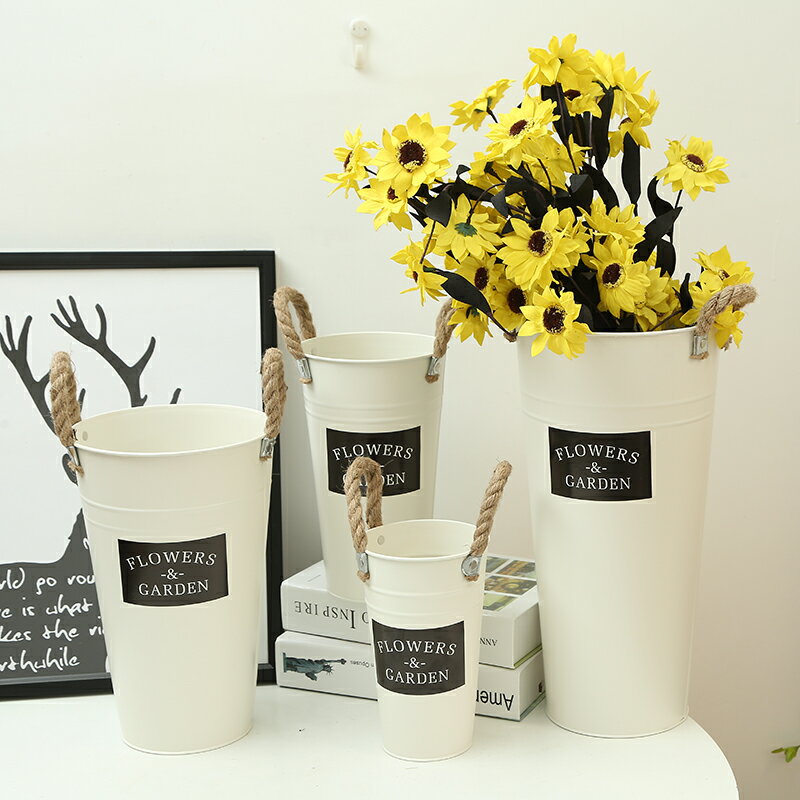 韓式白麻繩鐵皮花桶花器花店裝飾鮮花干花北歐式醒花桶復古插花筒